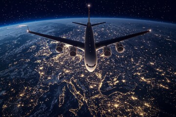 Wall Mural - An airplane flying over the Earth at night, with lights and city glow below