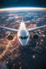 Wall Mural - An airplane flying over the Earth at night, with lights and city glow below