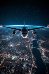 Wall Mural - An airplane flying over the Earth at night, with lights and city glow below
