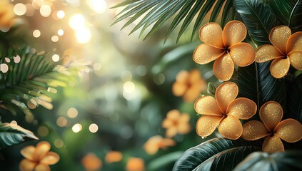 Wall Mural - Beautiful yellow frangipani flowers and green palm leaves on a blurred tropical background with sunlight, a summer concept banner design. 