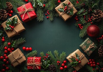 Wall Mural - Christmas background with empty space in the center, decorated with red and green decorations, gifts, stars, and pine branches on a dark green background.