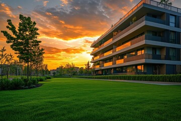 modern apartment building at sunset with lush green lawn