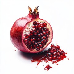 Wall Mural - A pomegranate, cut in half, with the seeds spilling out and a red juice flowing around it on a white background.