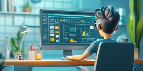 cartoon character analyzing data on a modern computer dashboard in a stylish office setting