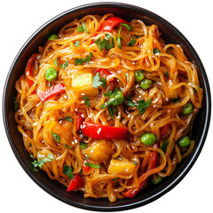 Extreme top view of extremely perfect looking Stir-Fried Rice Noodles on a dark porcelain dish Isolated on a white transparent background