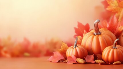 Thanksgiving Day banner featuring realistic 3D orange pumpkins and fall foliage presented as a horizontal holiday poster or website header