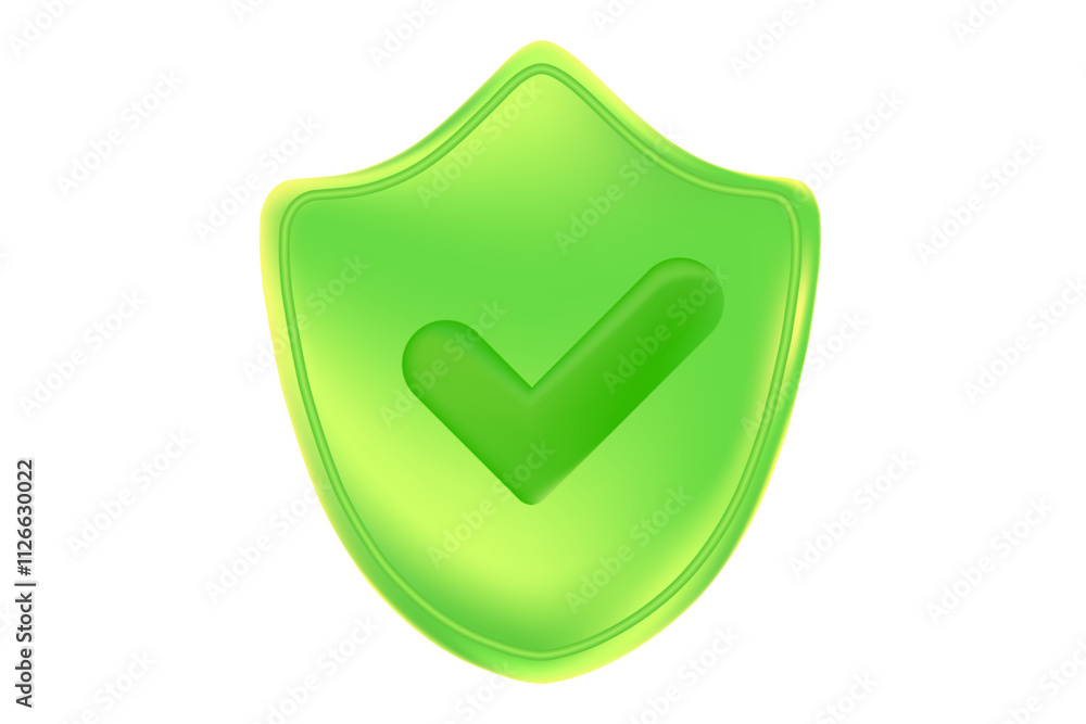 Cute green 3D security shield icon with check mark isolated ...