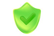 © AnnaShine - Cute green 3D security shield icon with check mark isolated, transparent background. Glowing glass or plastic texture cyber data protection, safety or trust illustration