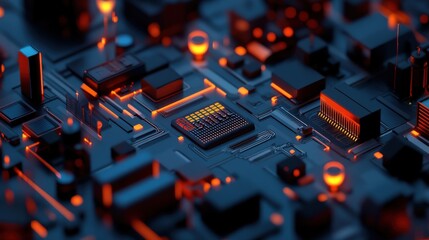 Poster - Futuristic Circuit Board with Bright Lights Representing Advanced Technology and Digital Innovation in a Dark Environment