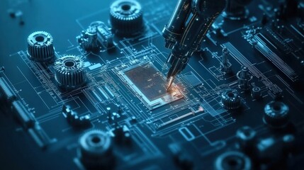 Poster - Advanced Robotics Technology in Action: A Close-Up View of a Robotic Arm Interacting with a Circuit Board and Electronic Components in a High-Tech Environment