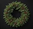 © vilavanh - A lush green fir wreath adorned with sparkling snowflakes and pinecones against a black canvas, forest-like , frosty, Christmas decoration