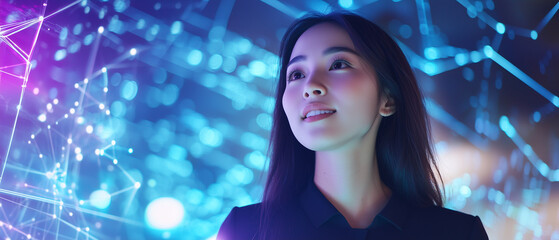 Poster - woman gazes upward with hopeful expression, surrounded by glowing blue and purple futuristic digital connections, symbolizing innovation and technology