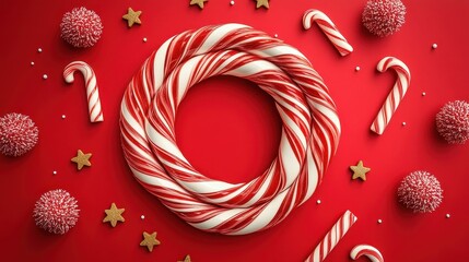 Colorful Cartoon Wreath Made of Candy Canes in Spiral Shape Against a Bright Red Background with Decorative Elements