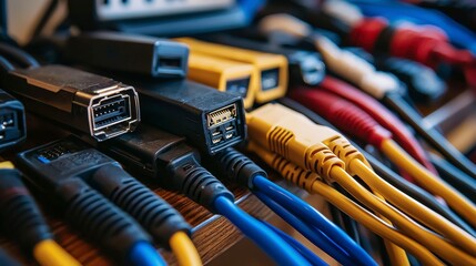Poster - Organized cctv cables and connectors on a tab technology setup indoor environment close-up view efficient systems