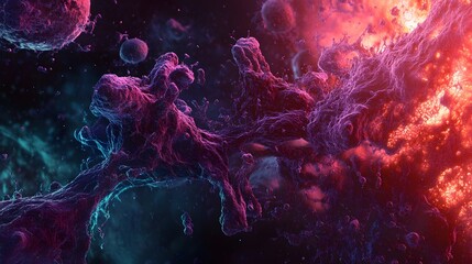 glowing cancer cells form abstract shapes under the microscope, their intricate details constantly s