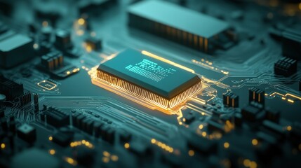 Poster - Stunning Close-Up of a Microchip on a Circuit Board with Glowing Elements Showcasing Advanced Technology in a High-Tech Environment