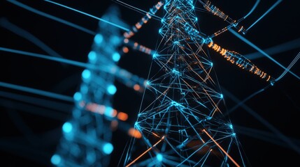 Poster - Abstract representation of a telecommunications tower with glowing lines and connections symbolizing the digital network and modern communication technology