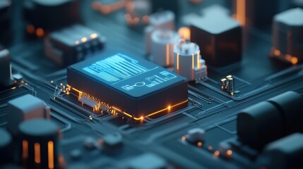 Poster - Close-up View of a High-Tech Circuit Board Featuring a Microchip Surrounded by Complex Electronics in a Futuristic Setting with Glowing Components