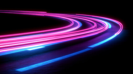 Wall Mural - Abstract neon glowing light streak lines. Speeding along a road at night