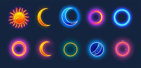 Wall Mural - A realistic set of solar eclipse overlay effects on a transparent background. Illustration of neon blue, yellow, green, and purple blazing stars in the dark sky behind planets.