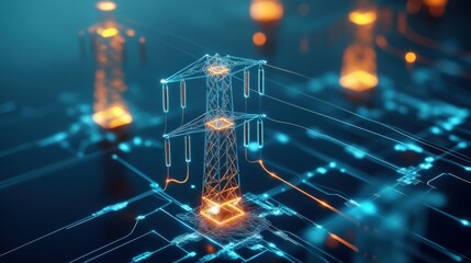 Poster - Futuristic Electric Power Infrastructure with Digital Elements Representing Power Lines and Transmission Grids in a High-Tech Environment