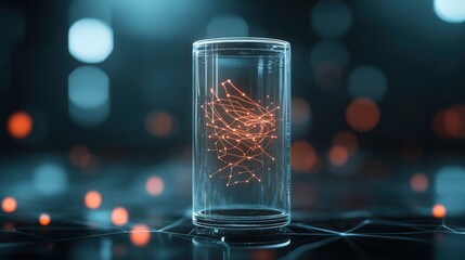 Poster - Abstract representation of futuristic technology inside a glass cylinder with glowing lines and dots, showcasing innovation and digital connections in a modern environment