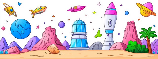 Wall Mural - Alien colony in cosmos with exploration mission and research adventure game banner. Space station building on planet modern landscape. Futuristic spaceship on Mars city base cartoon background.