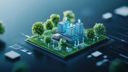 Poster - Futuristic City Concept with Smart Buildings, Greenery, and Digital Elements Representing Urban Innovation and Smart Infrastructure Development