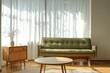 © TrendySpaces - Minimalist interior design of a living room with windows visible and green sofas and wood furniture. Generative AI