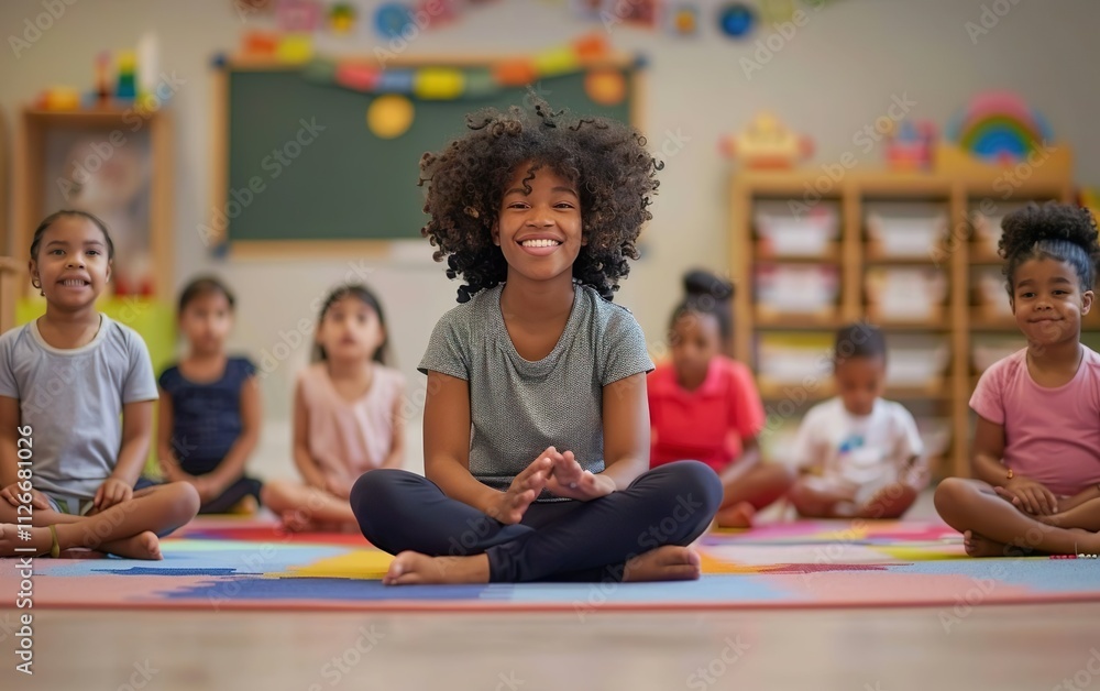 Happy sunny daycare poster. Morning circle time in a kindergarten ...