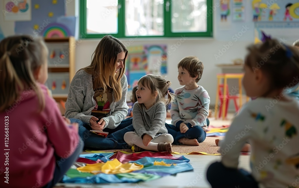 Happy sunny daycare poster. Morning circle time in a kindergarten ...
