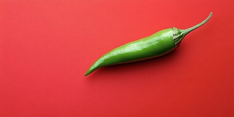 Poster - Isolated green chili pepper against a vibrant red background, featuring ample copy space perfect for your design needs, showcasing the striking contrast of the green chili pepper.