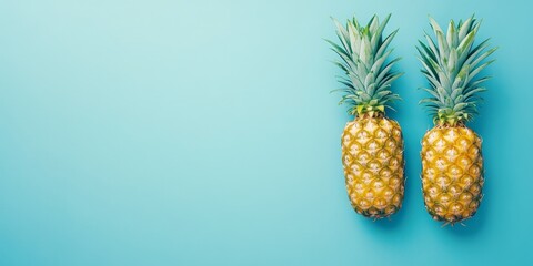 Poster - Two vibrant, fresh mini pineapples arranged on a blue background create a delightful display. This top view showcases the freshness of mini pineapples, perfect for a long wide banner or text space.