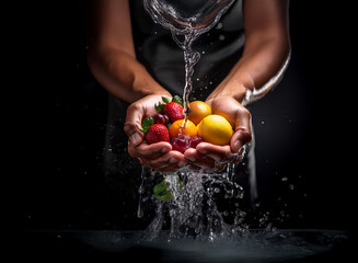 Aufkleber - Water pours over a variety of colorful fresh fruits held in cupped hands against a dark background, creating a dynamic splash.