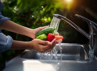 Wall Mural - Hands gently washing fresh vegetables cucumbers, peppers, and carrots under running water in a kitchen sink.  Sunlight streams in the background.