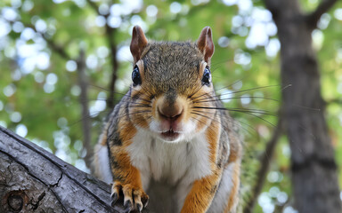 Wall Mural - squirrel climbing a tree in a vibrant forest during daytime hours