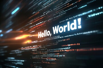 hello world code displayed on digital screen