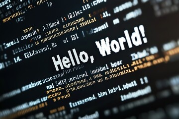 Hello World displayed on a computer screen showing code