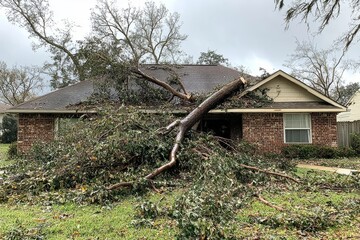 Wall Mural - Close-up of a tree falling on the roof of a brick home in Texas, showing the impact of the disaster.