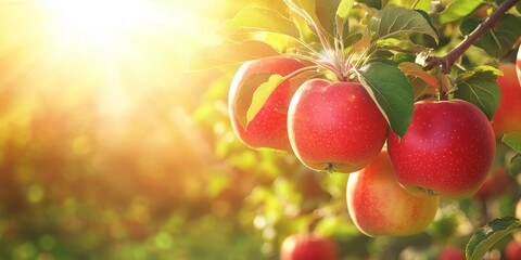 Vibrant red apples glisten on an apple tree branch, illuminated by bright rays of the sun, showcasing the beauty of nature and the allure of fresh, ripe apples in a sunlit setting.