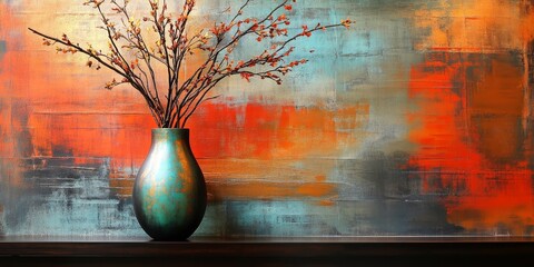Poster - Decorative vase on the wall serves as an eye catching background element, enhancing the overall aesthetic with its unique design and vibrant colors, making it a perfect focal point for any setting.