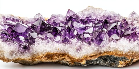 Aufkleber - Macro close up of an amethyst crystal druse showcasing its intricate textures and vivid colors against a white background, highlighting the beauty of the amethyst crystal druse in detail.
