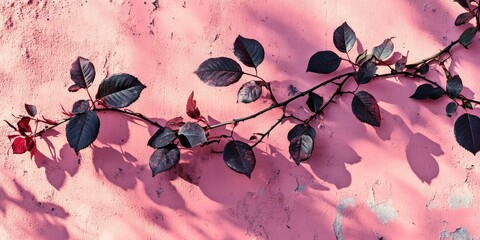 Leinwandbilder - Shadows of rose leaves create an intriguing pattern on a textured pink concrete wall, showcasing the unique roughness and irregularities. This abstract nature concept offers a stylish backdrop for