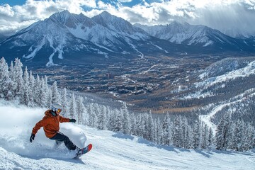 Wall Mural - Snowboarder enjoying a sunny day at a ski resort in the mountains