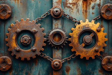 Leinwandbilder - Rusty gears and chains creating a steampunk composition on metal background