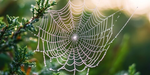 Leinwandbilder - Morning dew glistens on a delicate spider web, showcasing nature s beauty. This enchanting spider web adorned with dew captures the essence of a serene morning scene.