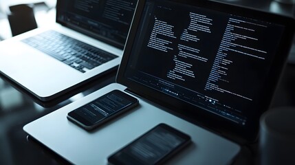 Wall Mural - laptops smartphones displaying lines of code