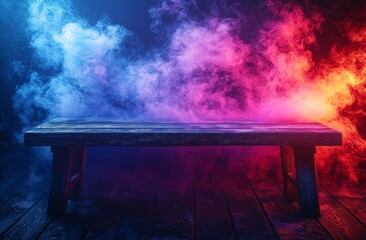 Wall Mural - A bare wooden table with vibrant smoke rising against a dark backdrop.