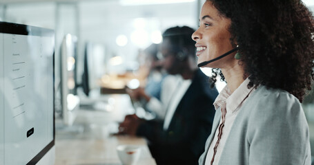 Poster - Call center, computer and consulting with woman in support office for customer service. Contact us, feedback and smile with person speaking on headset in workplace for advice or virtual assistance