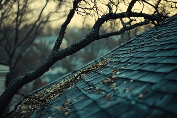 Canvas Print - Tree falling on house roof with sharp focus, soft shadows, and clean, high-resolution digital photography. Professional color grading and low contrast.